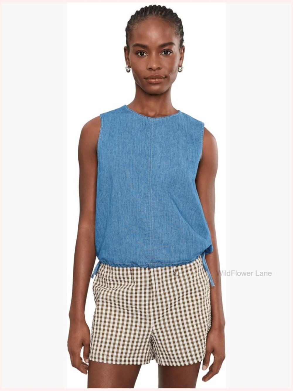 Denim Cinched Shell Crop Top Sleeveless Crew Neck Pull On